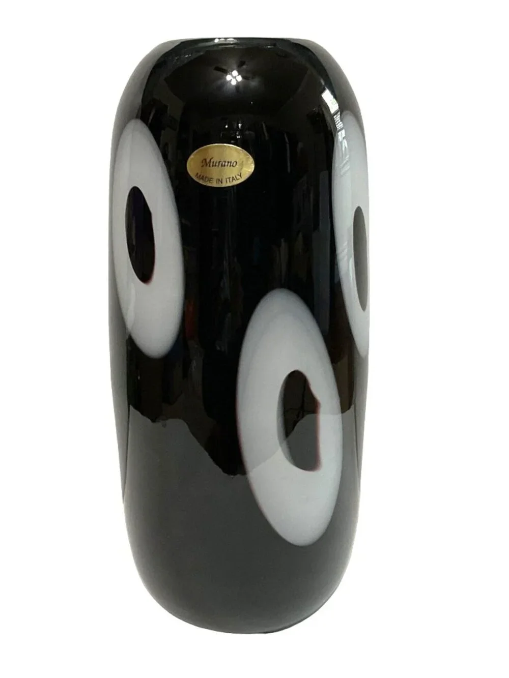 Murano Art Glass Black Cased Glass Vase Hand Blown White Circles Polished 13